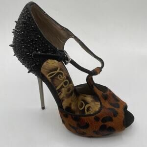 Sam Edelman Scarlett Animal Print Calf Hair Spiky Stiletto Peep Toe 5.5 NWOB